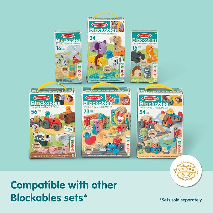 Melissa & Doug Blockables™ Safari Snap and Play, Mix and Match Connectable Wooden Building Blocks Play Set Toy for Preschool Boys and Girls (34 Pcs)