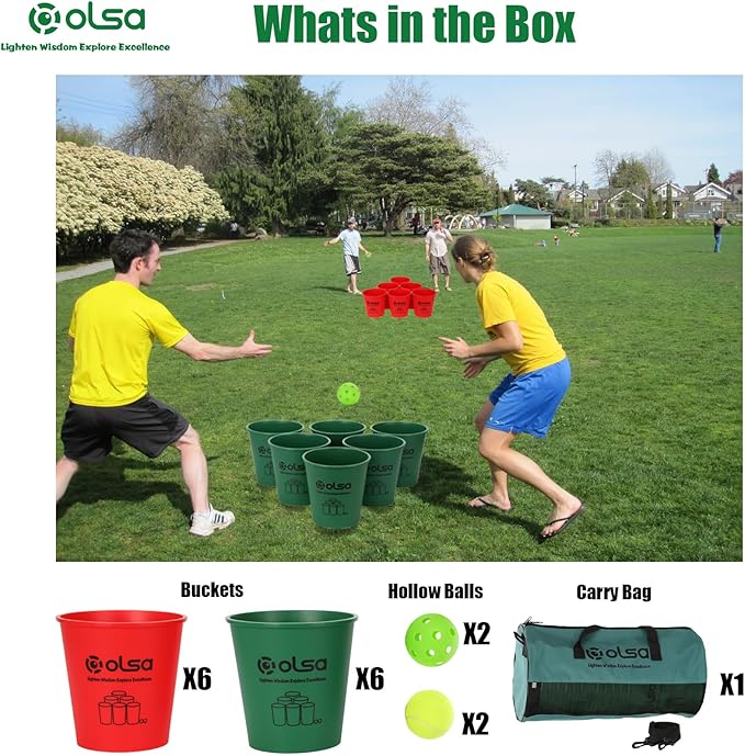 Olsa Giant Yard Pong Outdoor Games, Toss Family Game with 12 Buckets, Balls & Strength Carrying Bag for Beach Camping Lawn Backyard, Outdoor Games for Adults and Family (Green&Red)