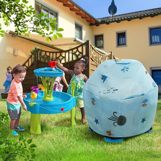 Kids Water Table Cover - Outdoor Kids Toy Cover for Little Tikes Showers Splash Tower Water Table, Blue Printed Round Cover Waterproof & Dustproof