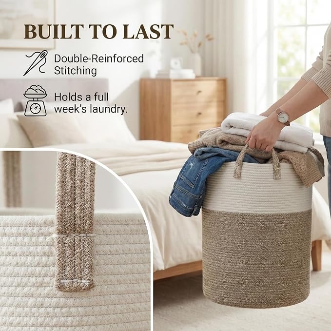 JMvicyroam 100L Cotton Rope Laundry Basket Hamper, Brown | Collapsible Laundry Basket, Reinforced Handles, Freestanding, Machine Washable, Holds 3-5 Thick Blankets, Clothes or Toys