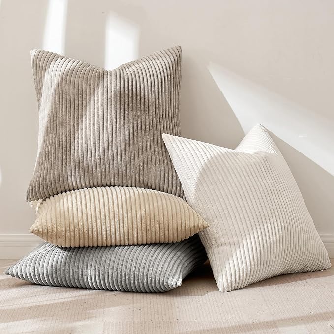 MIULEE Soft Corduroy Decorative Throw Pillow Covers Neutral Tan 18x18 | Set of 4, Mordern Nordic Decor, Cozy Cream Grey Collection, Boho Farmhouse Cushion Covers for Couch Bed Sofa Living Room