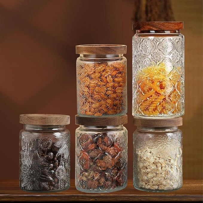 6-Pack 24 OZ Vintage Glass Jar with Lid, Airtight Food Storage Canisters with Bamboo for Kitchen Counter Pantry, Ideal for Coffee, Candy, Tea, Oats, Sugar, Cookies Decorative Jars
