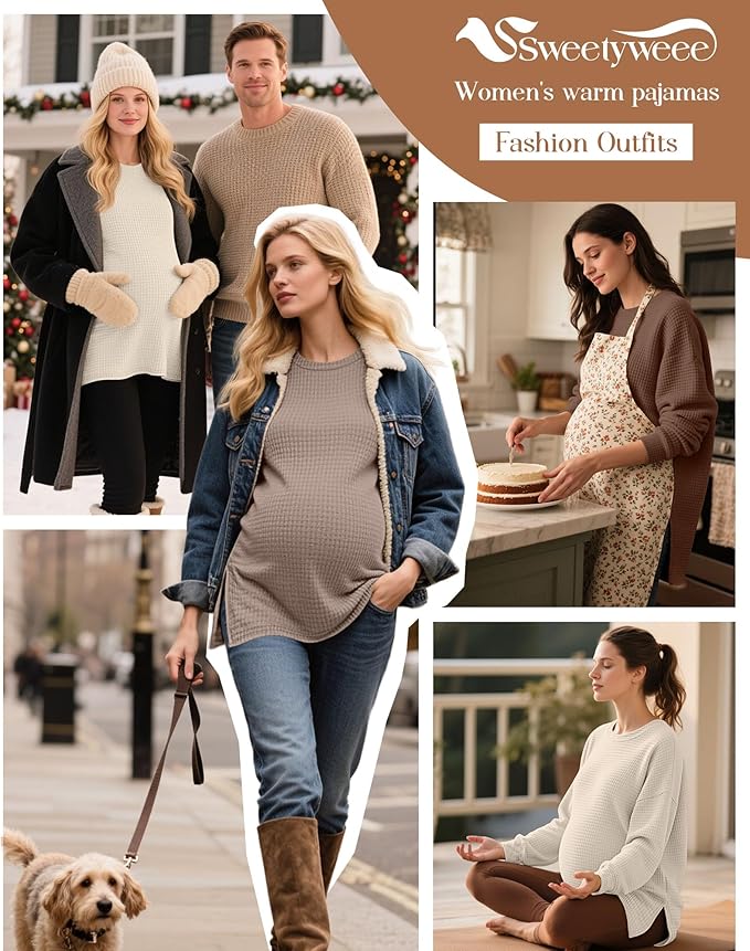 3 Pack Women's Maternity Shirts Long Sleeve Waffle Knit Side Split Oversized Tops Pregnancy Clothes Fall Tees