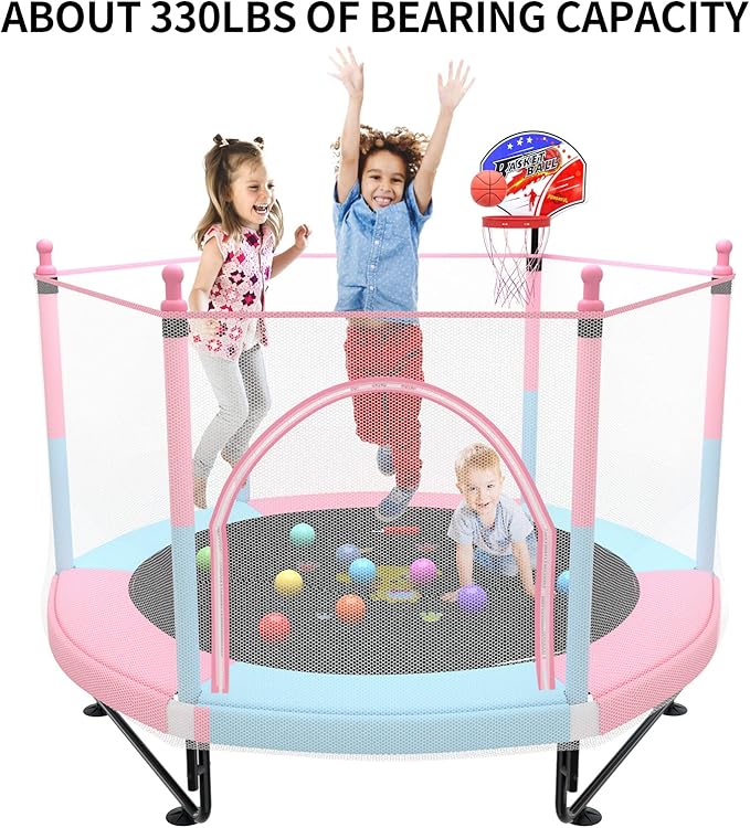 5FT Trampoline for Kids Toddler Indoor Trampoline with Safety Enclosure Net, Mini Basketball Hoop, Jumping Mat for Home Entertainment Equipment Outdoor Backyard Games