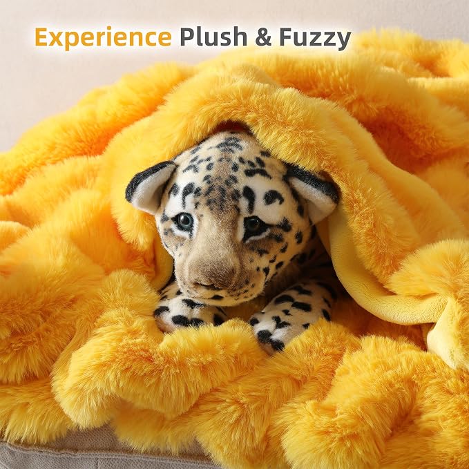 Faux Fur Throw for Couch - Mustard Yellow Bubble Blanket 60"x80" | Fluffy Plush Fuzzy Throw for Sofa & Bed, Super Soft Cozy Comfrt Blanket, Luxury Aesthetic Yellow Decor Gift for Women