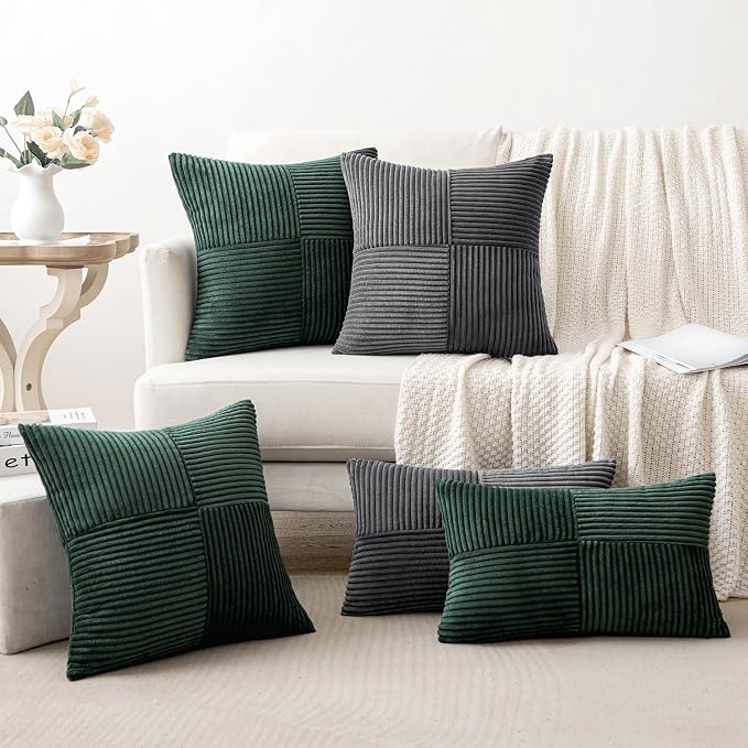 MIULEE Army Green Decorative Throw Pillow Covers for Couch 20x20 Inch | 2 Pack, Boho Farmhouse Pillow Covers, Soft Cross Corduroy Patchwork Textured Cushion Cases For Bed Sofa