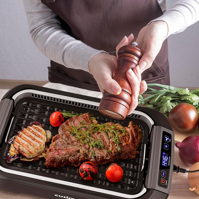 CUSIMAX Smokeless Indoor Grill, 1500W Electric Grill Korean BBQ Grill Black | Adjusting Temperature/With Smart LED Display/Turbo Smoke Extractor/Non-stick Removable Grill Plate/Tempered Glass Lid