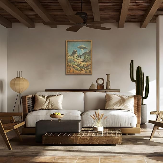 Framed Vintage Intergalactic Western Canvas Wall Art, Alien UFO Abducting Cowboy, Desert Cactus and Flowers Wall Decor, Retro Sci-Fi Poster for Living Room Bedroom – Dark Wooden Frame 16x24in