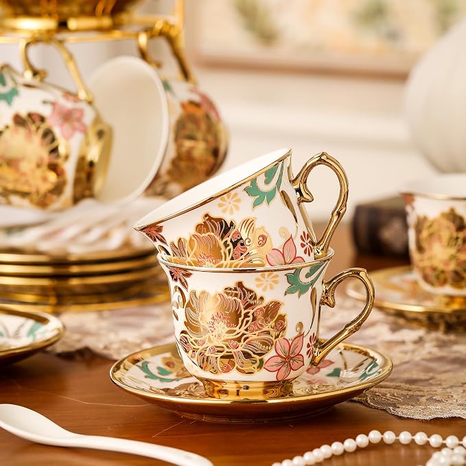 20 Pieces Porcelain Tea Set With Metal Holder, European Ceramic tea set for adults,Flower Tea Set,Tea Set For Women With Flower Painting