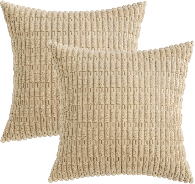 MIULEE Corduroy Decorative Throw Pillow Covers 20x20 Tan Pack of 2 | Soft Neutral Boho Striped Pillow Covers Modern Farmhouse Home Decor For Sofa Living Room Couch Bed