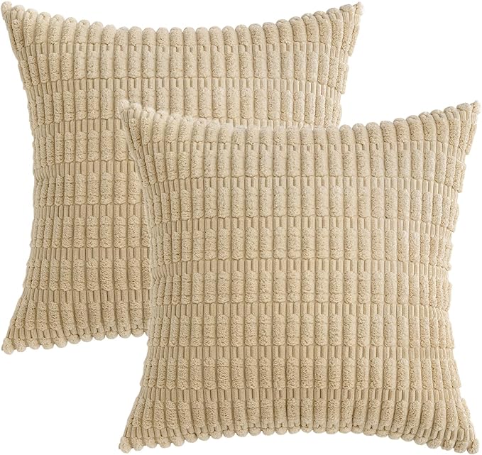 MIULEE Corduroy Decorative Throw Pillow Covers 18x18 Tan Pack of 2 | Soft Neutral Boho Striped Pillow Covers Modern Farmhouse Home Decor For Sofa Living Room Couch Bed
