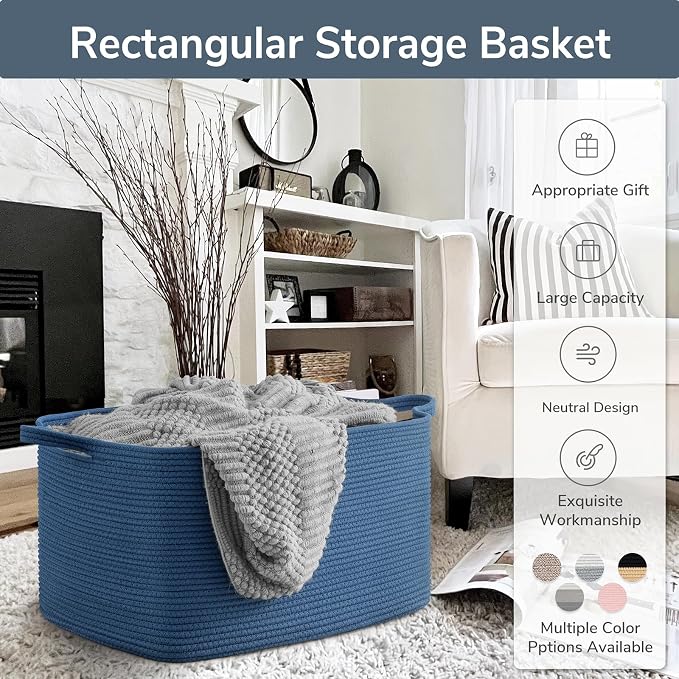 Goodpick Large Woven Rope Blanket Basket, Rectangle, Dark Blue | 21.6'' x 14.9'' x 11.8'' Storage Basket for Blankets & Toys, Living Room, Bedroom & Nursery Organization, Reinforced Handles
