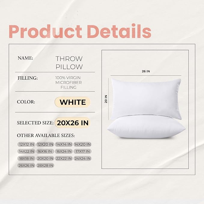 Utopia Bedding 20x26 Pillow Inserts, White Throw Pillows for Couch, 2 Pack | Indoor cushion inserts for bed, sofa & couch, Supportive & fluffy decorative pillows for everyday comfort, Set of 2, White