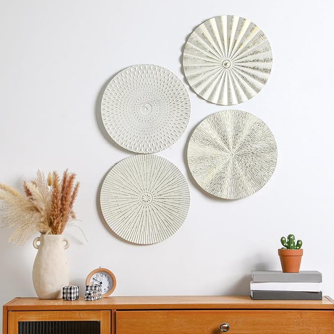 Hicarer 4 Pcs 12 Inch White Gold Metal Wall Art Decor Modern Sunburst Hanging Artwork Decor Wall Decorations for Home Bedroom Bathroom Living Room Office Sculpture