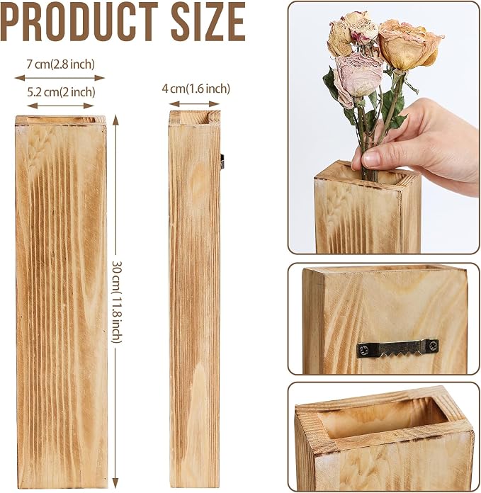 4-Piece Wooden Hanging Wall Vase Set with Pampas Grass and Eucalyptus Dried Flowers, Modern Farmhouse Home Decor for Living Room Entryway Bathroom Hallway Dining Room(Vintage White)