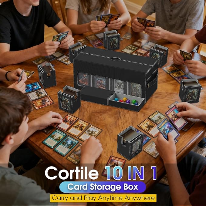 Cortile Commander Deck Box for MTG, 10 IN 1 Card Deck Box with 8-Deck Modular Card Case and 2 Dice Trays Holds 1040+ Double-sleeved Cards, Removable MTG Deck Box with Handle for TCG/EDH, Black Grey