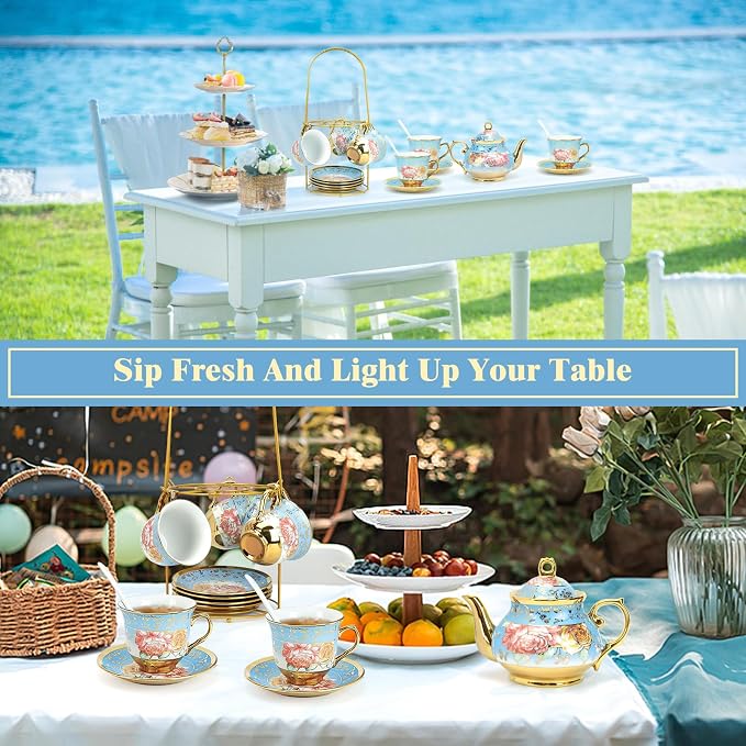 20 Pcs Porcelain Tea Set with Metal Holder, Adult Tea Set Gift, European Ceramic Tea Set for Adults, Flower Tea Cup Saucer Set for Party With Gold Flower Painting (Serene Blue)