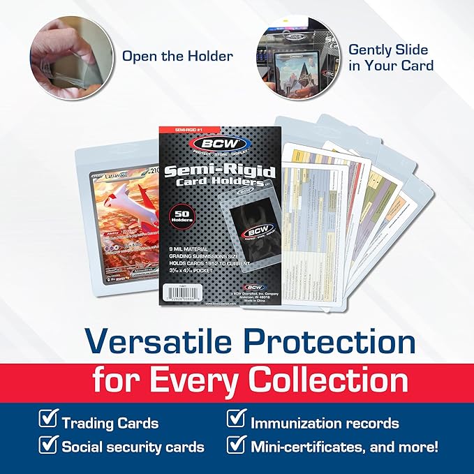 BCW Semi Rigid Card Holder #1 | 200 Pack | Semi Rigid Card Sleeves for Grading Submissions | Protective Holders for Sports & Trading Cards