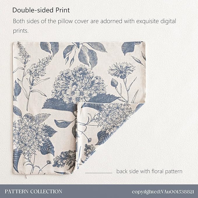Foindtower Set of 2 Linen Floral Vintage Throw Pillow Covers Neutral Accent Print Decorative Cushion Covers Farmhouse Boho Home Decor for Sofa Chair Couch Bedroom Living Room,20×20 Inch,Blue