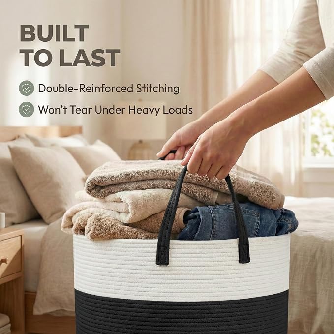 JMvicyroam 115L Extra Large Machine Washable Cotton Rope Blanket Basket | Collapsible laundry hamper, Reinforced handles, For blankets, pillows, toys and clothes, Living room and bedroom, White&Black