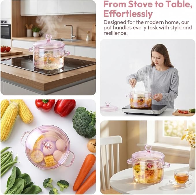 TOYANDONA Glass Cooking Pot 5L Double-Handle Stew Pot with Lid Heat-Resistant Borosilicate Glass for Soup Noodles Ramen and Household Cooking