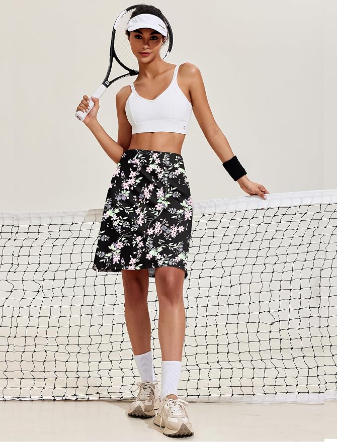 COOrun Women's 20" Knee Length Skirts High Waisted Golf Skorts with Pockets | Soft, Quick Dry, Split Hem, Built-in Shorts, A-line, Modest Skirts, for Golf Athletic Tennis Work Casual