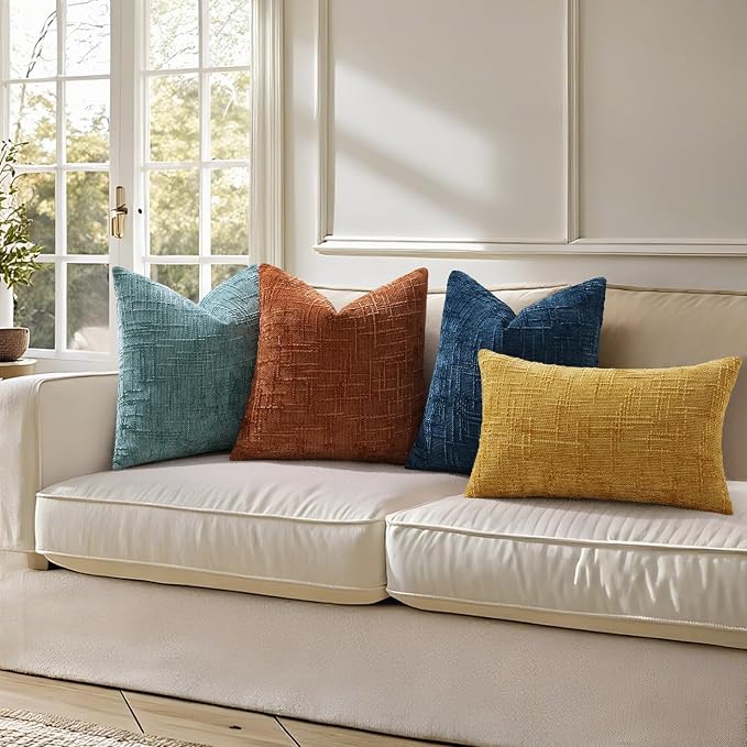 decorUhome Textured Chenille Throw Pillow Covers 26x26 Set of 2 Teal | Fall Modern Farmhouse Soft Cozy Slubby Couch Pillow Cases Boho Decorative Pillow Cases for Bed Sofa Living Room Home Decor