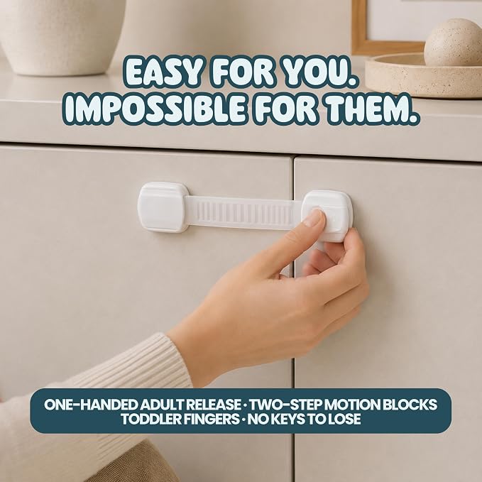 Booboo Baby 6 Pack Cabinet Locks Baby Proofing - Child Proof Cabinet Locks for Drawers, Fridge, Toilet Seats - Adjustable Cupboard Lock for Children with 3M Adhesive - Easy to Install No Tools Needed