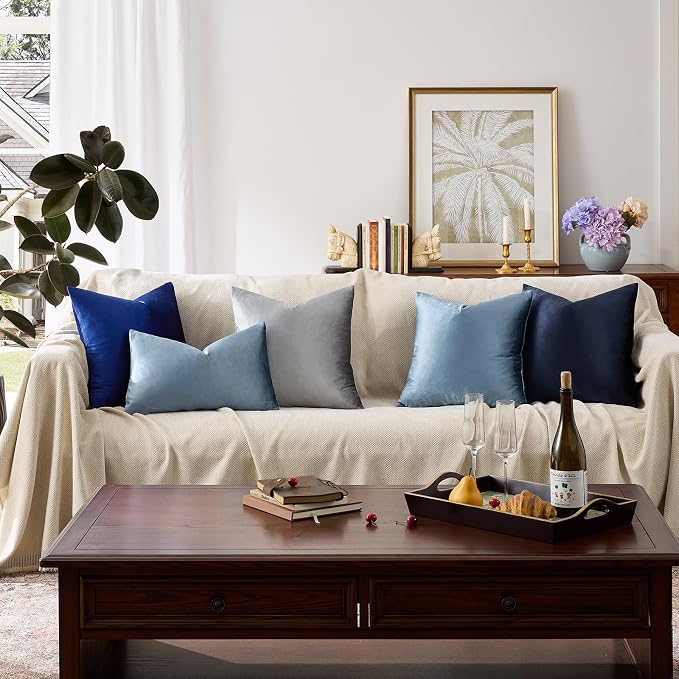 GIGIZAZA Stone Blue Velvet Throw Pillow Covers 24x24 Pack of 2 | Decorative Pillows for Couch Sofa,280gsm Soft Textured Fabric,Modern Square Pillowcases,Luxury Cushion Covers