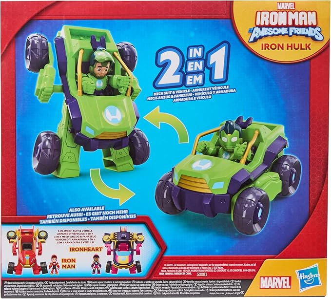 IRON MAN AND HIS AWESOME FRIENDS Marvel 2-in-1 Mech Suit & Vehicle, Action Figure & Toy Vehicle Set, 3-Inch-Scale Super Hero Toys, Ages 3+