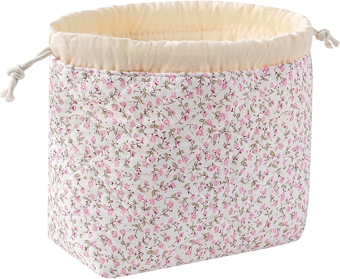 uekeboag Cotton Quilted Seersucker Makeup Bag with Canvas Lining,Coquette Aesthetic Cute Travel Toiletry Bag,Drawstring Gift Bag for Women and Girls(Pinkfloral)