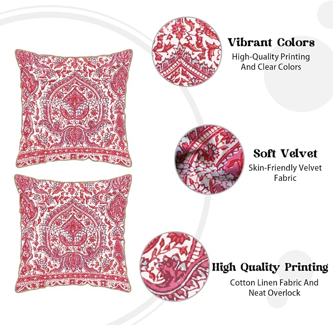 KSLIDS Pink Teal Flower Soft Velvet Throw Pillow Covers Set of 2 Boho Ethnic Red Foral Decorative Pillow Covers 18x18 Inch Bohemian Farmhouse Pillow Case for Sofa Couch Living Room Home Decor