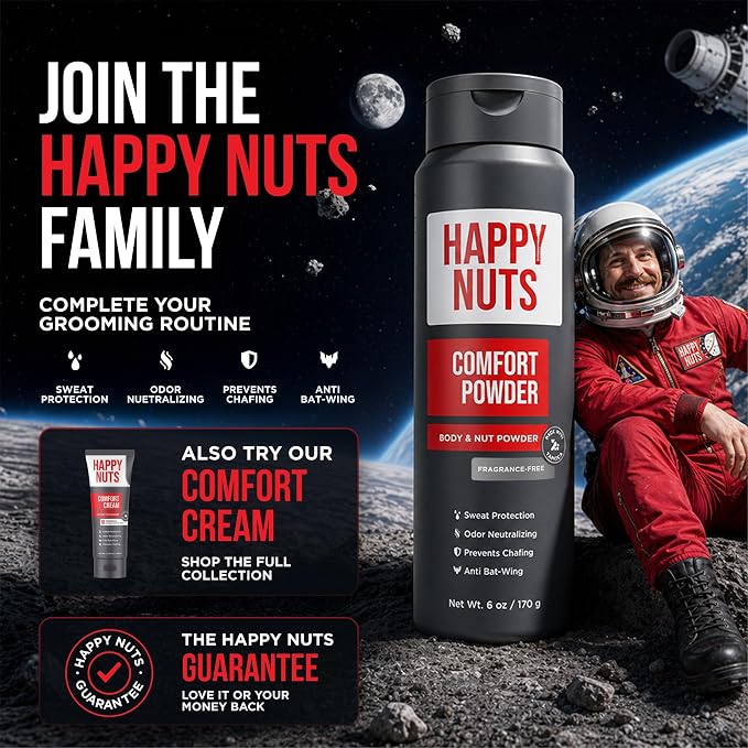 HAPPY NUTS Comfort Powder Deodorant For Men: Anti-Chafing, Sweat and Odor Control for Jock Itch, Aluminum-Free, 6 oz (1 Pack), Fragrance-Free