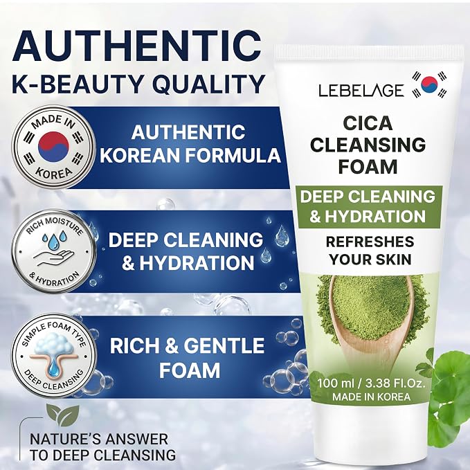 LEBELAGE Korean Cica Facial Cleanser 3.38 oz | Cleansing Foam Face Wash | Low pH Gentle Hydrating Daily Facial Cleanser Sensitive Skin | Deep Cleansing Foaming Cleanser, Pore Care-All Skin Types