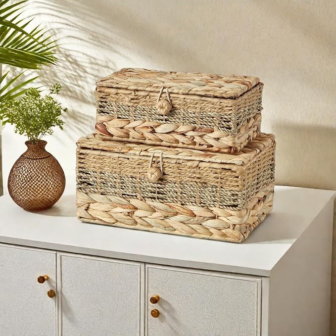 2PCS Wicker Storage Baskets with Lids Decorative Rattan Boxes | Handmade Natural Boho Woven Bins, Water Hyacinth Seagrass Paper Rope, Memory Keepsake Photo Makeup Container, Shelf Organizer