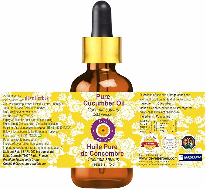 dève herbes Pure Cucumber Oil (Cucumis sativus) with Glass Dropper Cold Pressed 50ml (1.69 oz)