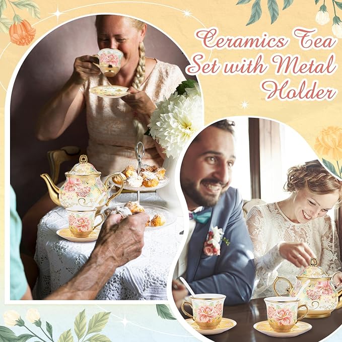 Zhehao 20 Pcs Porcelain Tea Set with Metal Holder and Spoon Adult Ceramic Tea Set European Flower Painting Teapot Cup Saucer Spoon for Women Mom Gift, Large Version (Gorgeous Style)