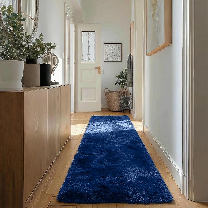 Navy Blue Rugs for Bedroom, Living Room 2x6 Ft, Fluffy Runner Rugs, Plush Hallway Carpet, Soft Shaggy Long Bedside Rugs, Floor Boys Room Dorm Rug Kids Nursery Playroom Navy Room Decor Aesthetic