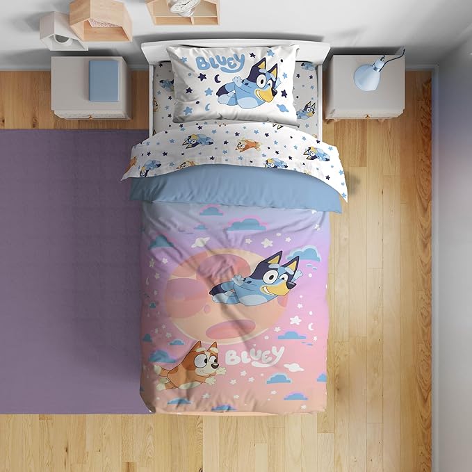 Jay Franco Bluey & Bingo Twin Comforter Set - 5 Piece Bed Set Includes Sheet Set & Pillow Covers - Super Soft Clouds & Stars Kids Bedding