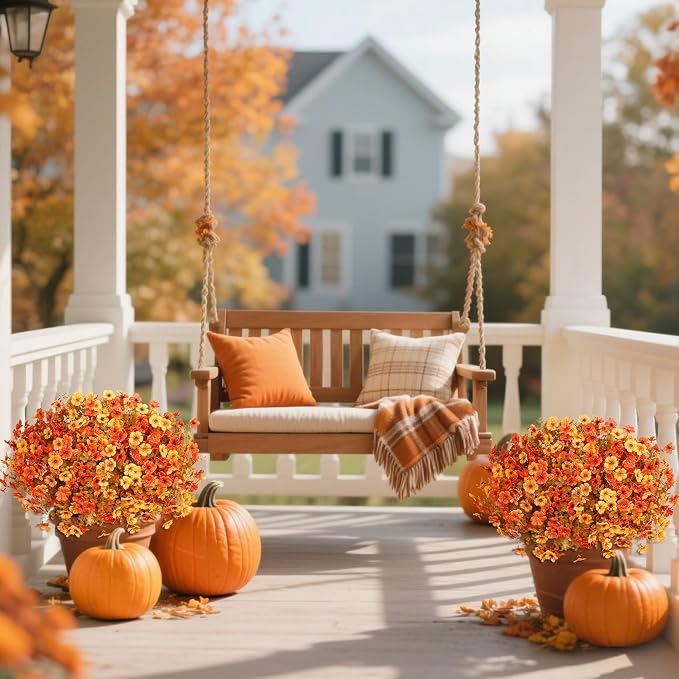 Ouddy Decor 24 Pcs Artificial Fall Flowers, Fake Mums Outdoor, Mixed Orange | Lifelike faux mums, silk flower, UV resistant, no-maintenance, for autumn Thanksgiving garden porch yard indoor outdoor decor