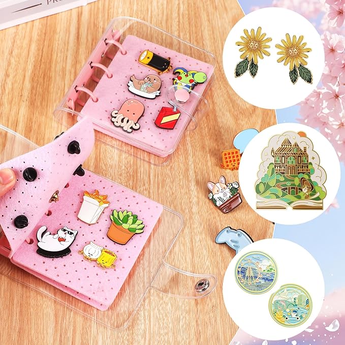 8 Pcs Mini Enamel Pin Display Book Gift Clear Collection Travel Trading Binder Holder Badge Book Storage Organizer up to 36 1-inch Enamel Pins for Travel Collectors (Pink,4.61x3.94 in)