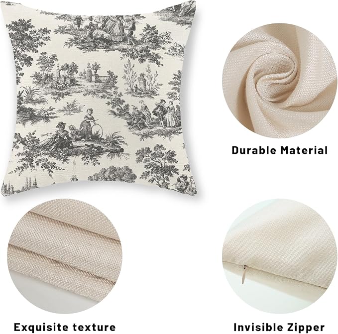 French Country Pillow Covers 18x18 Set of 2 Vintage Black Grey Toile Throw Pillows Outdoor French Country Decorative Pillow Cases Rustic Cottage Farmhouse Cushion Case for Couch Sofa Decor