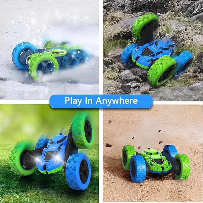 Remote Control Car for 6-12 Year Old Double Sided 360°Rotating 4WD RC Cars with Headlights 2.4GHz Electric Rechargeable Race Stunt Toy Car for Boys Girls Birthday (Blue&Green)