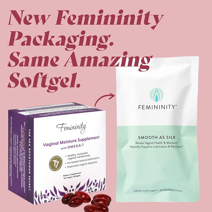 Femininity Smooth as Silk Softgels for Vaginal Dryness 30-Day Refill | Sea buckthorn oil with 365mg Omega 7 plus Omega 3. Supports natural moisture.