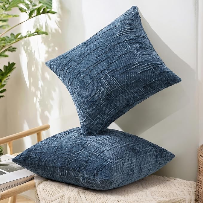 decorUhome Textured Chenille Throw Pillow Covers 16x16 Set of 2 Navy Blue | Fall Modern Farmhouse Soft Cozy Slubby Couch Pillow Cases Boho Decorative Pillow Cases for Bed Sofa Living Room Home Decor
