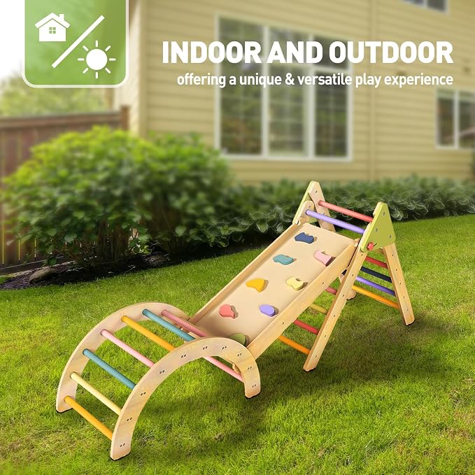 LOL-FUN Pikler Triangle Set with Slide for Toddler 1-3, Montessori Climbing Toys for 1 Year Old, Toddler Climbing Toys Indoor Pickler Climbing Set, Foldable Wooden Climber Jungle Gym for Kids