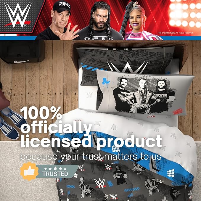 WWE Wrestling Bedding Set, Queen Size 7 Piece Set Super Soft Cozy Reversible Comforter and Sheet Set with Sham, (100% Officially Licensed Product) by Franco