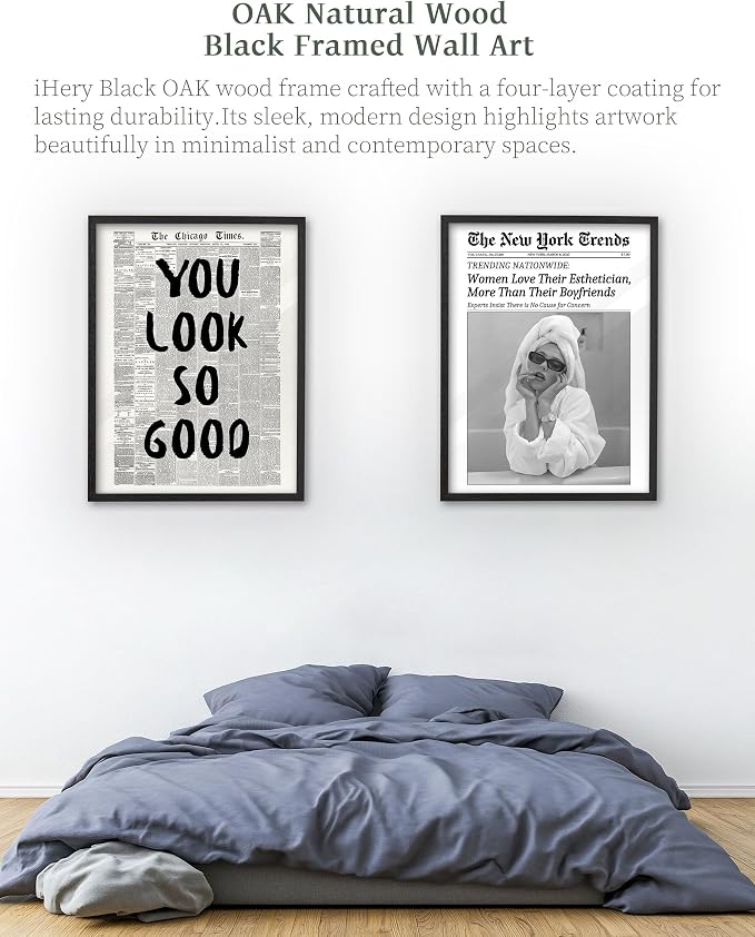 iHery 12x16in You Look So Good Framed Newspaper Wall Art | Premium Black OAK Wood Frame with Canvas Print, Vintage Newspaper Decor for Bedroom, Dorm, Vanity Room Living Room, 1Pack