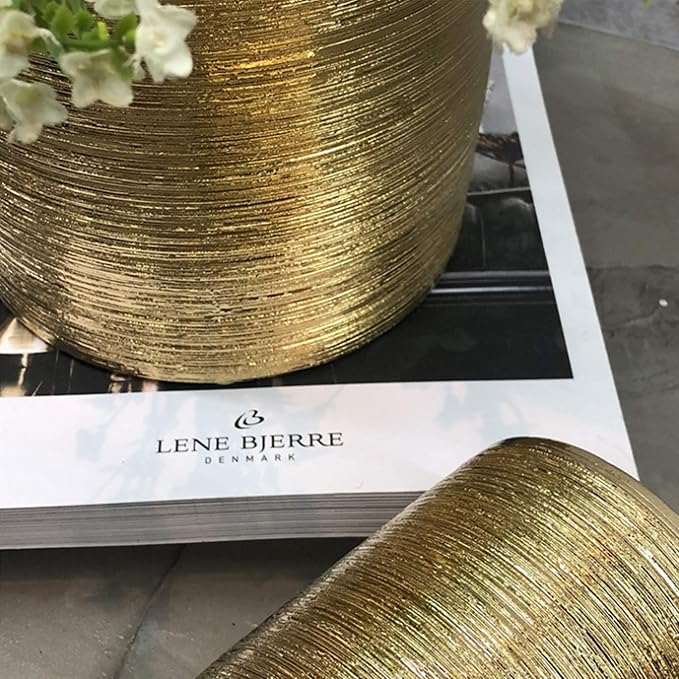 WGV Ceramic Cylinder Vase Bulk Width 4" Height 8" Elegant Unique Modern Matte Floral Container Planter Pot Centerpiece for Event Party Wedding Office Home Decor, Gold Textured 12 Pieces