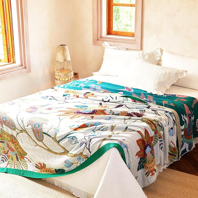 VANJOROY Boho Throw Blanket, 100% Organic Cotton Breathable Skin-Friendly Ultra Soft Bed Quilt Throw - All Season Floral Bird Farmhouse Décor Luxury Blanket for Sofa Couch Chair and Gift. 80" x 90"